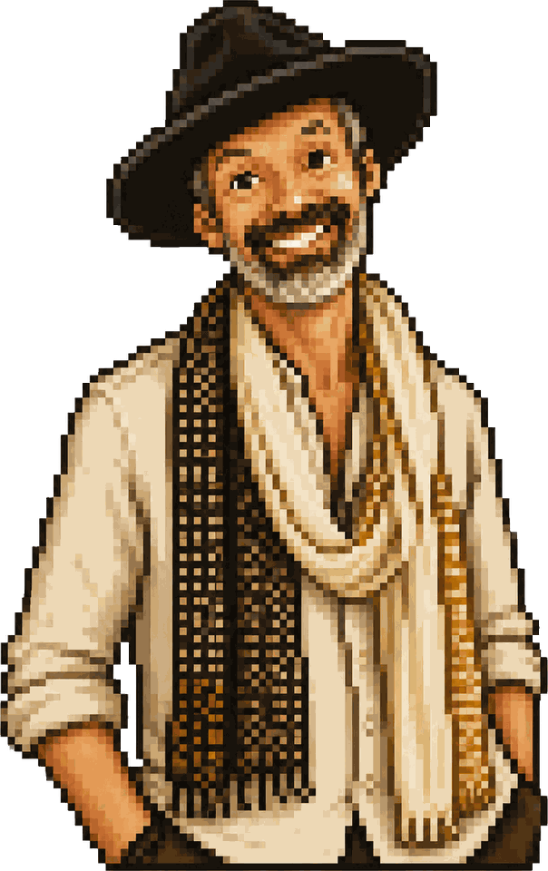A pixel portrait of Brian, the person who makes this game: black wide-brim hat, grey beard, two long scarves, hands in pockets, grinning.